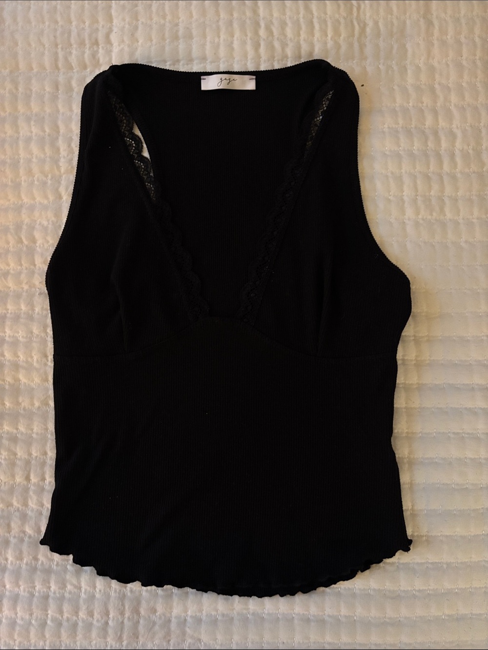 gaze Black Ribbed Lace-Trim Tank Top